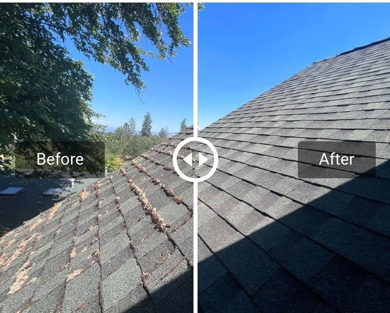 Side-by-side comparison of a roof before and after cleaning, with the left showing a dirty, moss-covered roof and the right showing a clean, moss-free roof under a clear blue sky.