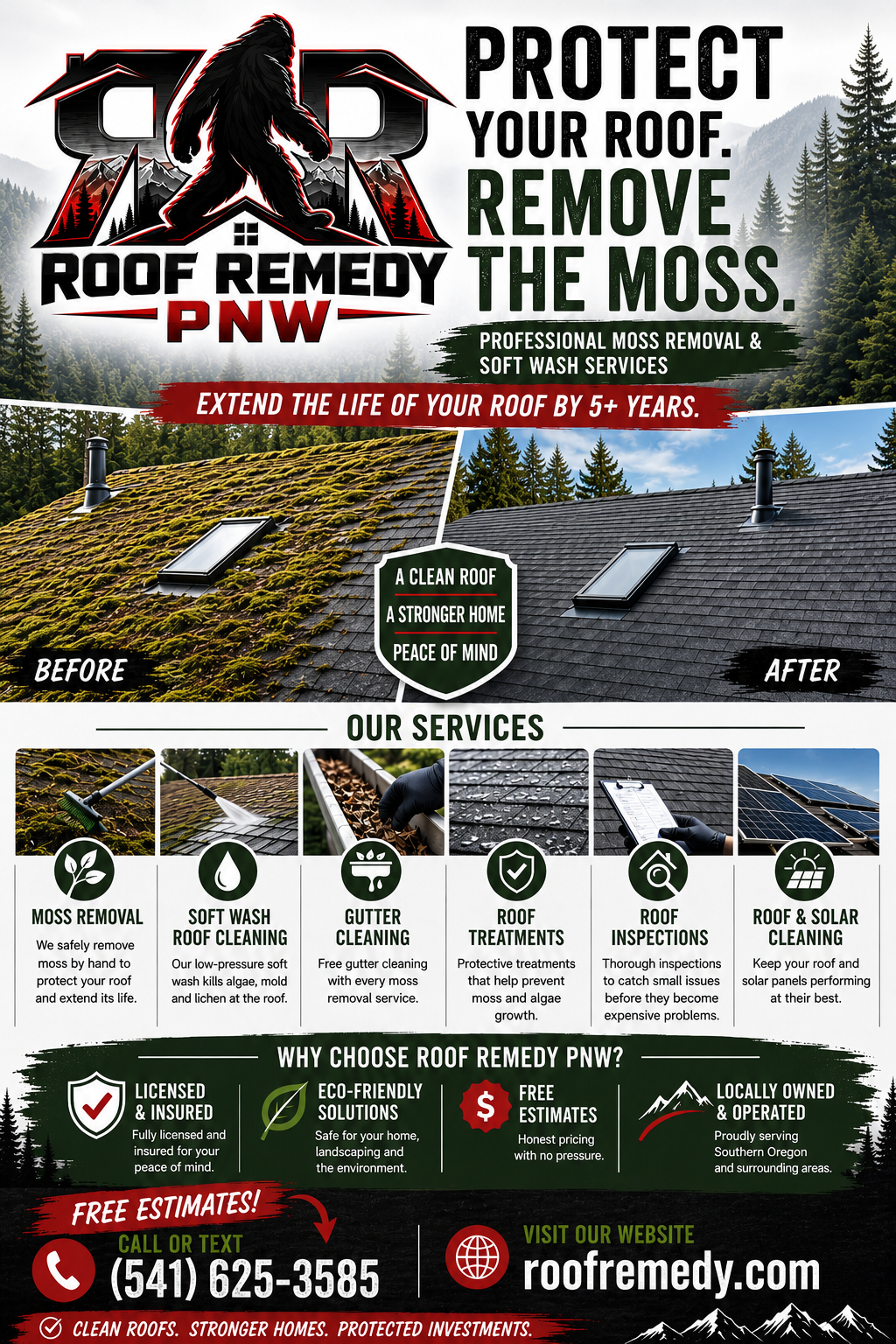 Flyer for Roof Remedy PNW promoting roof moss removal and cleaning services, showing before and after images of a roof, with services listed including moss removal, soft wash, gutter cleaning, roof treatments, inspections, and solar panel cleaning, with contact information and benefits of choosing the company.
