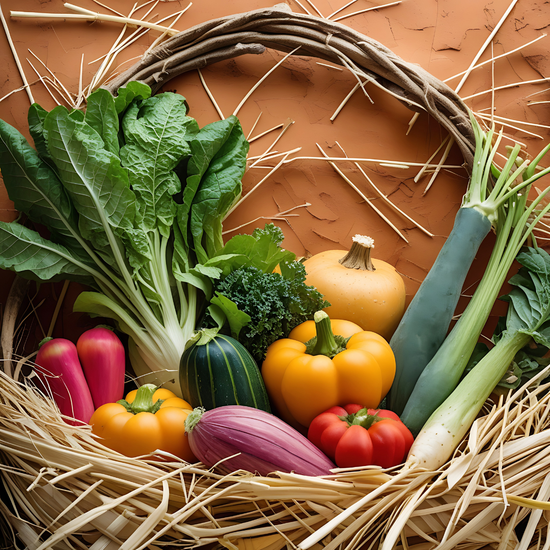 Various fresh vegetables including green leafy lettuce, kale, zucchini, squash, bell peppers, eggplant, leek, and a pumpkin arranged in a basket with straw on a brown background.