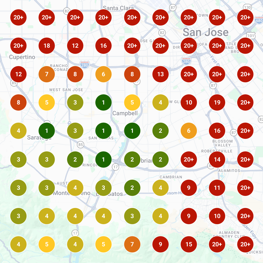 Heatmap - how google business profile was ranked for the primary keyword after we optimized it