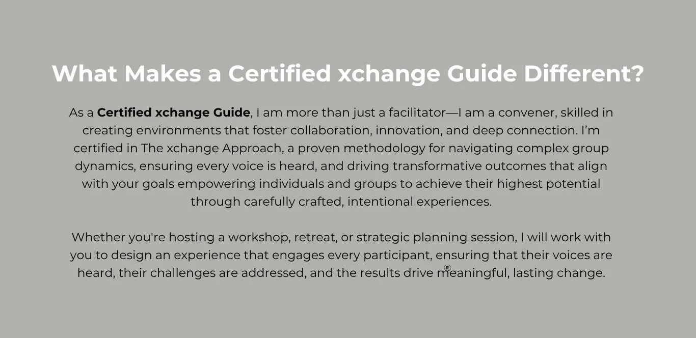 Text explaining what makes a certified exchange guide different, emphasizing their role, methodology, and how they facilitate engaging experiences for groups.