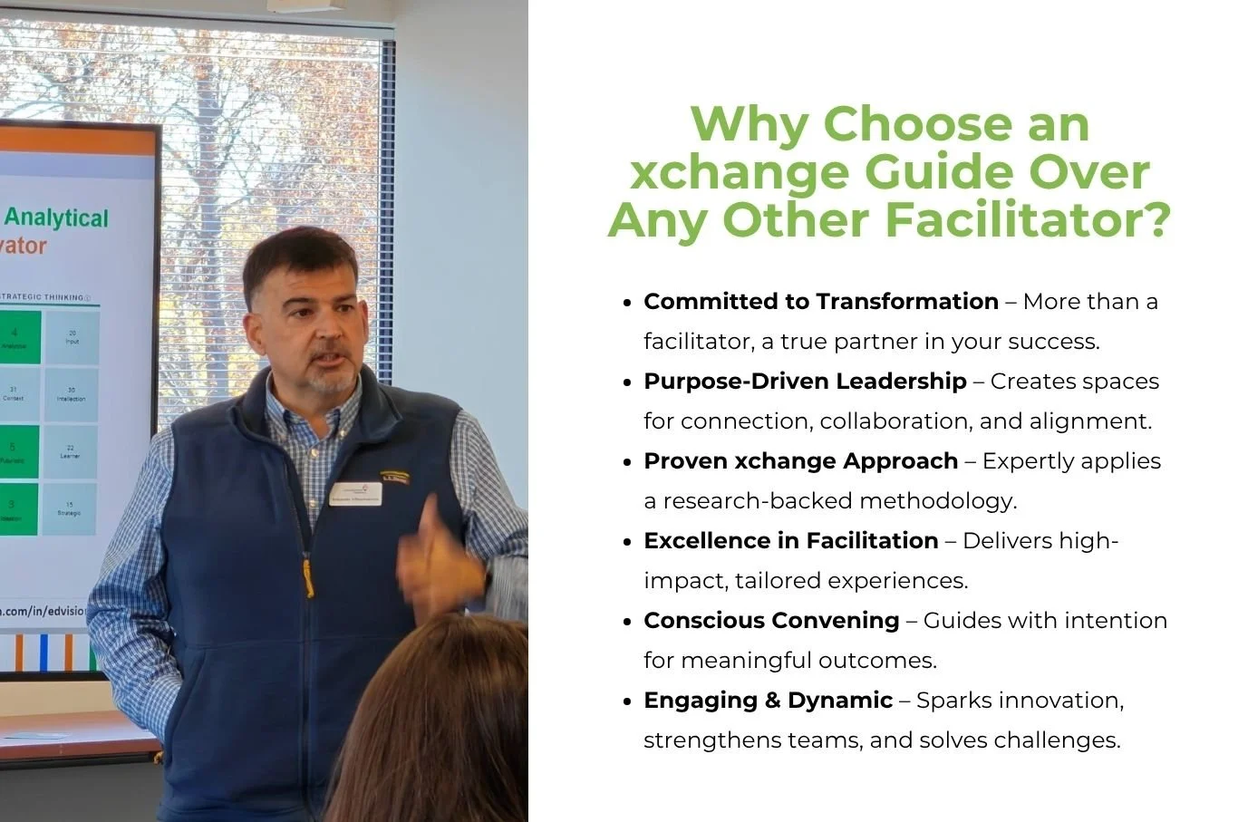 Eduardo Villavicencio presenting "Why Choose an Xchange Guide Over Any Other Facilitator?" — highlighting committed transformation, purpose-driven leadership, and the proven Xchange approach