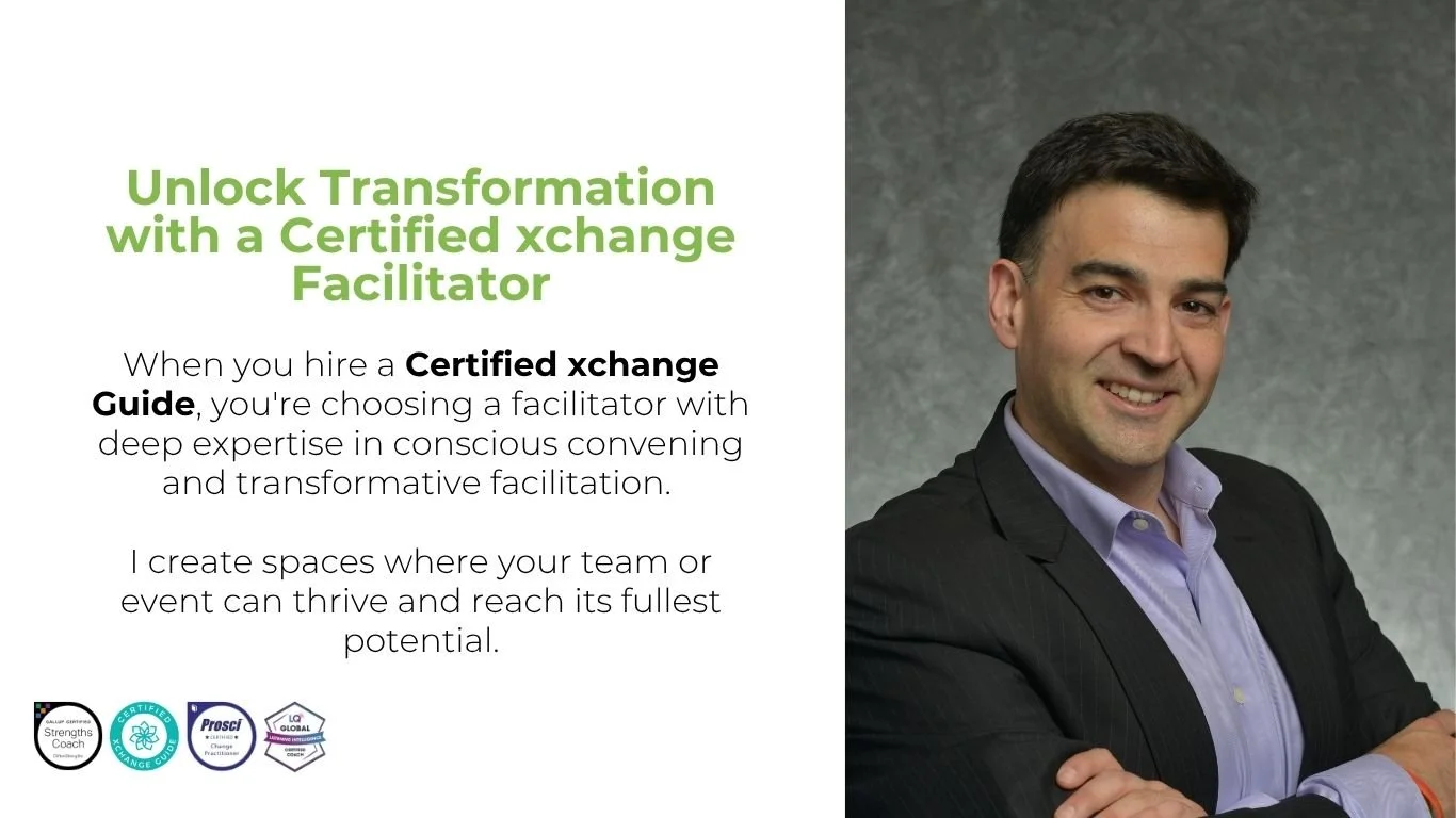 Promotional flyer for Eduardo Villavicencio, Certified Xchange Guide, offering transformative team facilitation