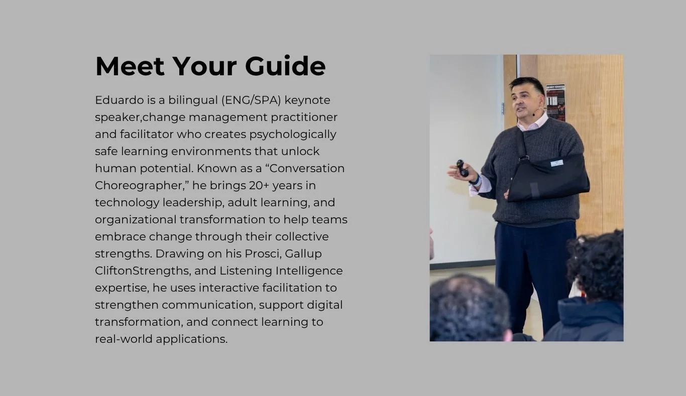 Eduardo Villavicencio presenting to an audience as a bilingual keynote speaker and change management practitioner