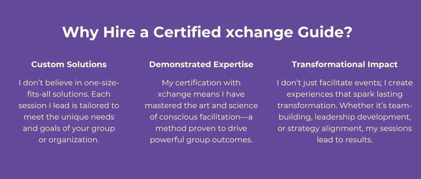 Purple background with white text explaining reasons to hire a certified Xchange guide, including custom solutions, demonstrated expertise, and transformational impact.