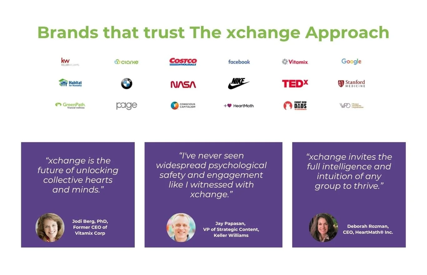 A presentation slide titled "Brands that trust The xchange Approach" displaying logos of various companies like Keller Williams, Costco, Facebook, Google, Nike, NASA, and others. Below, three quotes from industry leaders about xchange, each with their picture and name.
