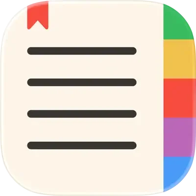 A illustrated closed notebook with a red bookmark and multicolored tabs on the right side.