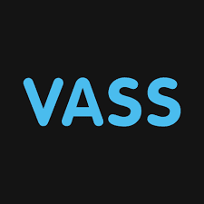 VASS logo in blue on a black background