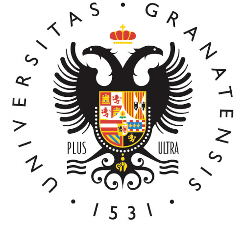 The emblem of the University of Granada, featuring a black double-headed eagle, a crown, and a shield with various heraldic symbols, with the words 'Universitas Granatensis' and the year 1531.
