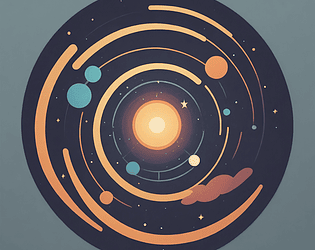 Stylized illustration of a solar system with planets orbiting a bright central sun, set against a dark background with stars.