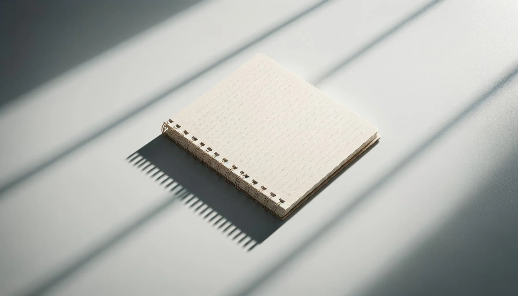 Open spiral-bound notebook with lined pages placed on a light-colored surface, shadows cast from window blinds.