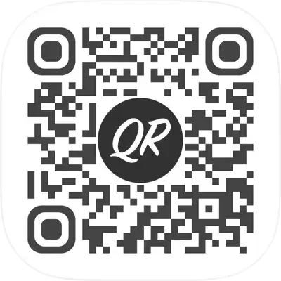 A QR code with a central black circle containing the white letters 'QR'.