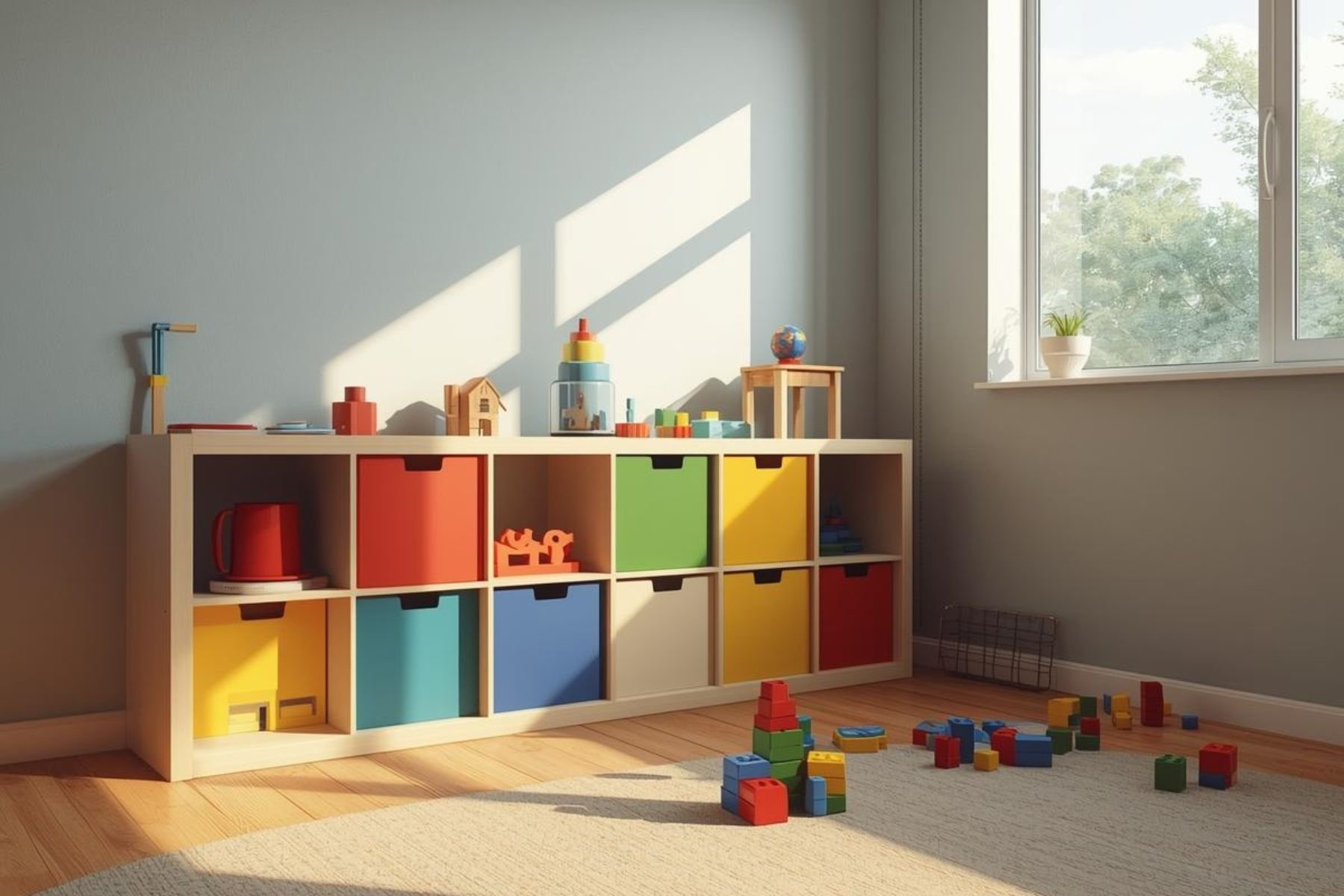 A children's playroom with a cubed storage unit containing red, yellow, blue, and green bins, scattered colorful building blocks, toys, and decorations, illuminated by natural sunlight coming through a window.