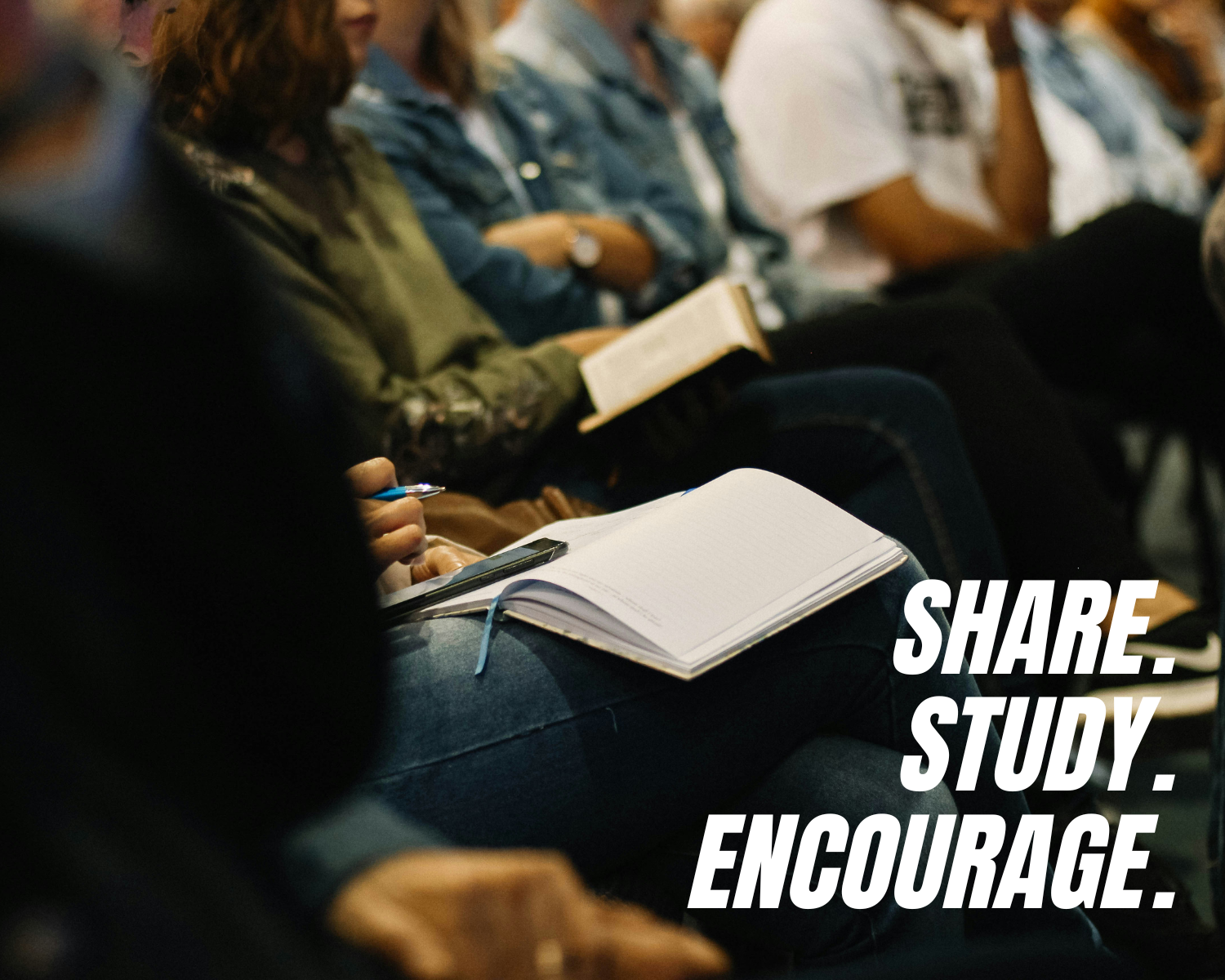 Students sitting in a classroom, taking notes and reading, with the text 'Share. Study. Encourage.' overlaid on the image.
