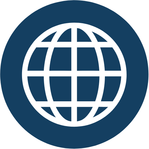 Icon of a globe with latitude and longitude lines inside a dark blue circle.