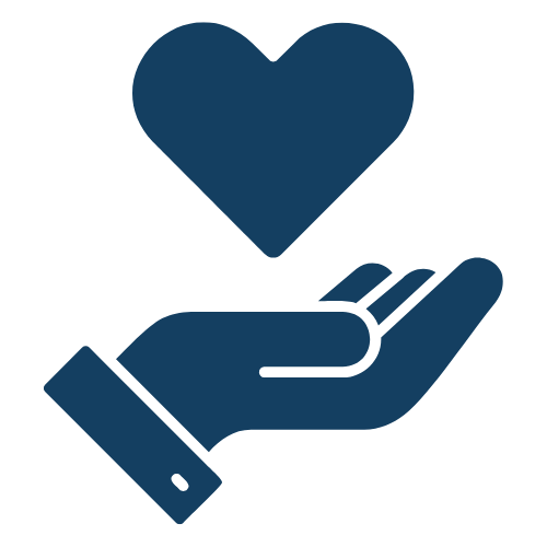 A hand holding a heart symbol, representing care or giving.