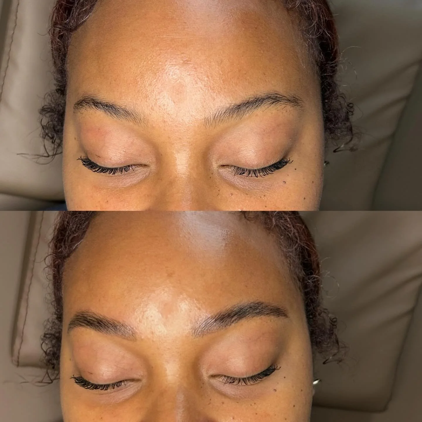 Before and after brow lamination and stain 💛