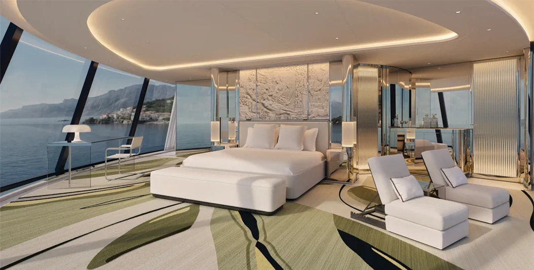 An expansive luxury suite aboard a Four Seasons yacht, featuring floor-to-ceiling windows overlooking a coastal landscape and custom contemporary design.