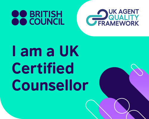 Certificate indicating certification as a UK Counsellor from the British Council, UK Agency Quality Framework with logo and decorative elements in purple and white on a teal background.