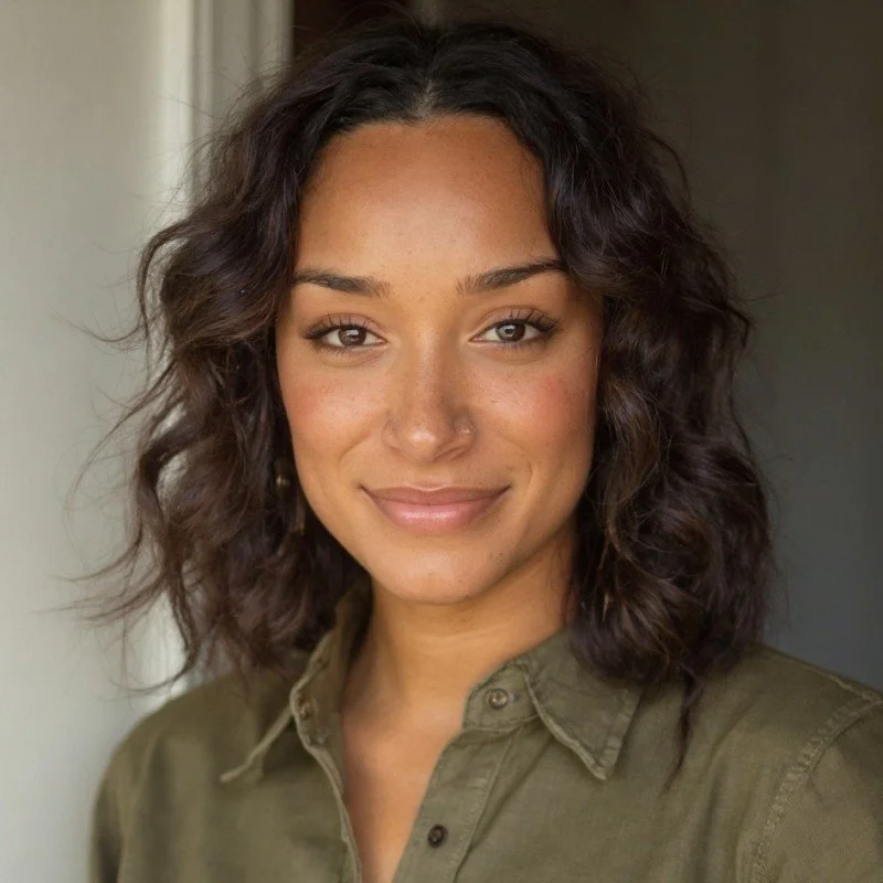 A young woman with medium brown, curly hair and a warm smile, wearing a green button-up shirt, standing indoors near a neutral wall.