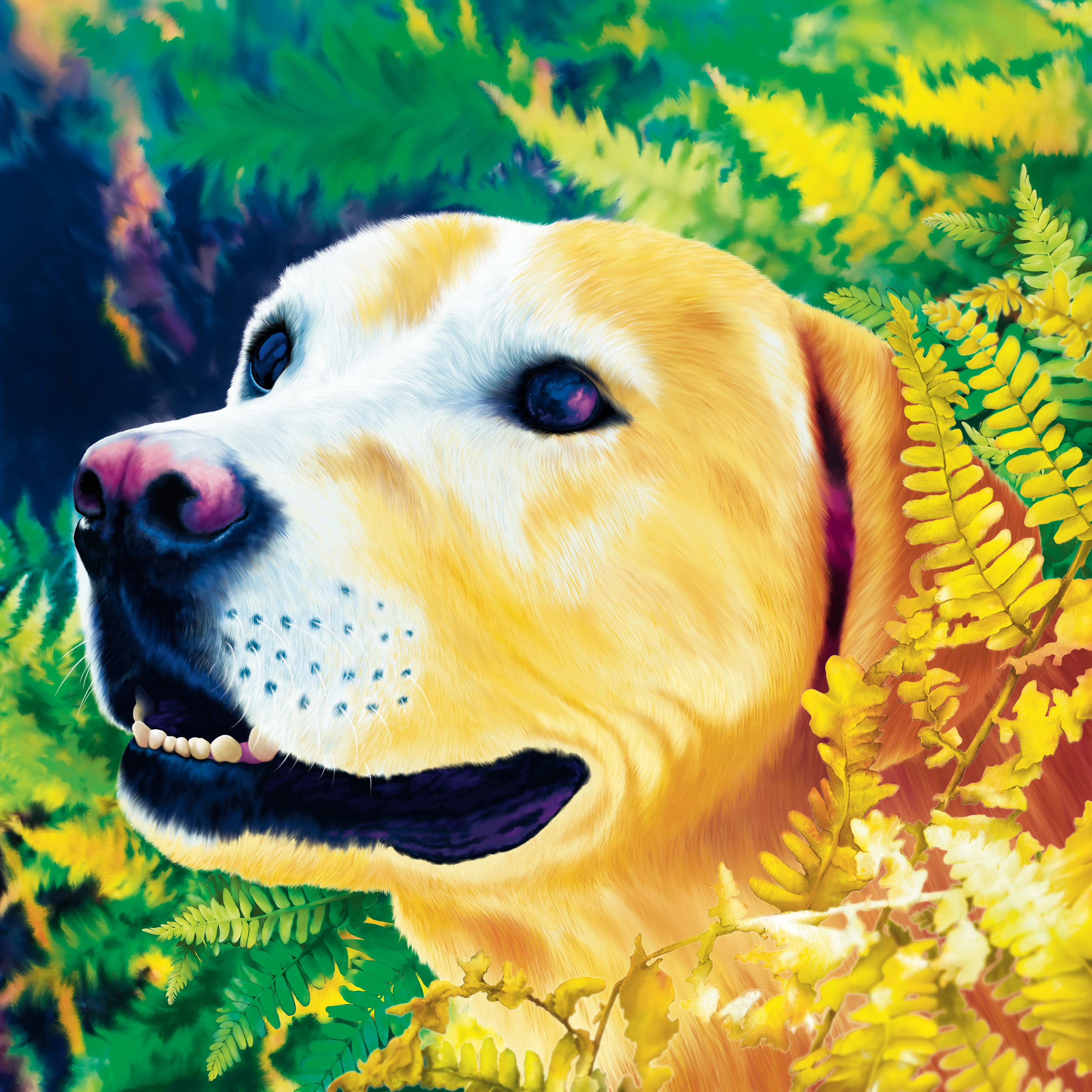 A digitally illustrated close-up of a Labrador Retriever's face surrounded by lush green and yellow fern leaves.
