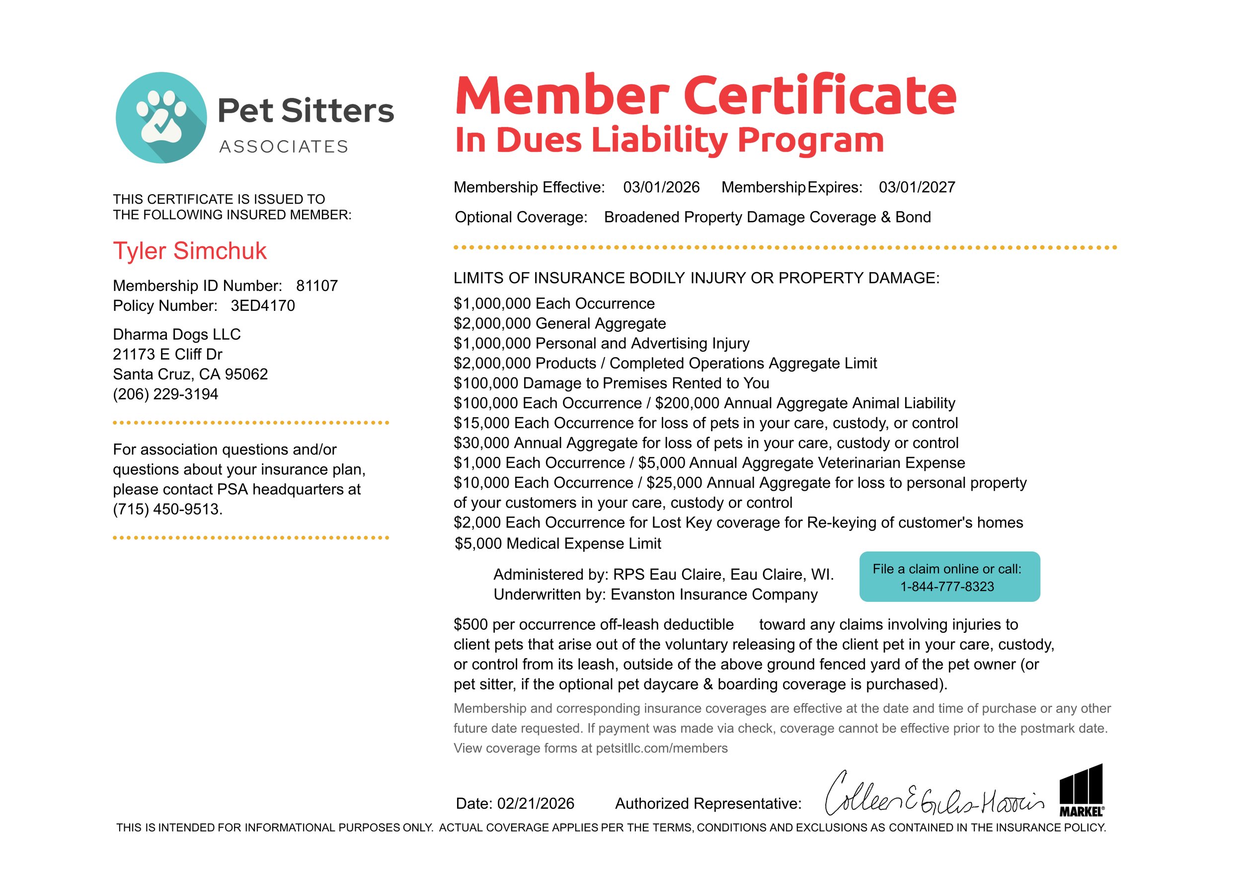 Pet Sitters Associates membership certificate for Tyler Simchuk, effective March 1, 2026, expiring March 1, 2027, with coverage for property damage, bodily injury, and other insurance limits listed. Contains contact information, coverage details, and a blue box with a claim filing phone number.
