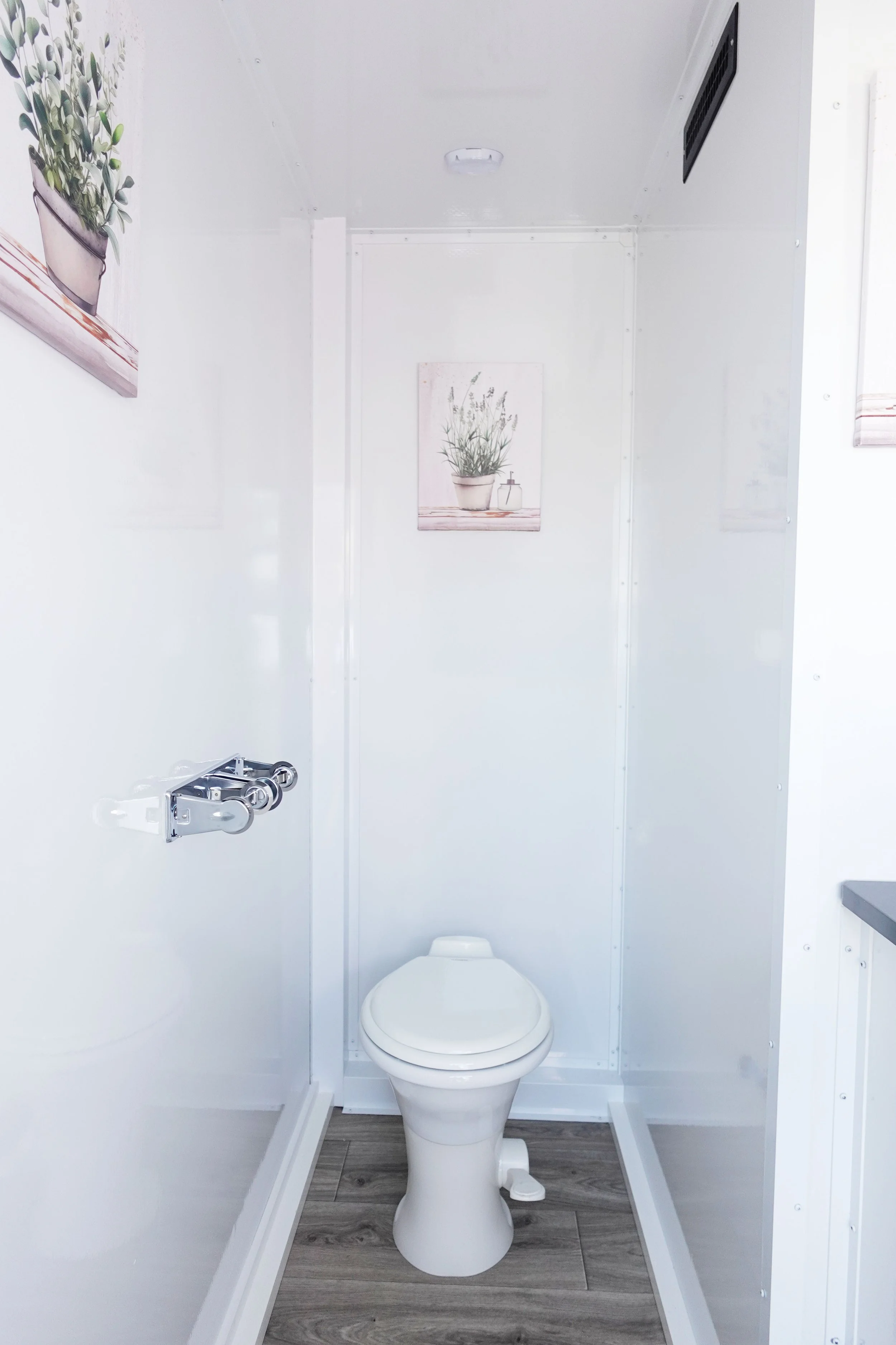 Small white bathroom with a toilet, wood-look flooring, and wall art of potted plants.