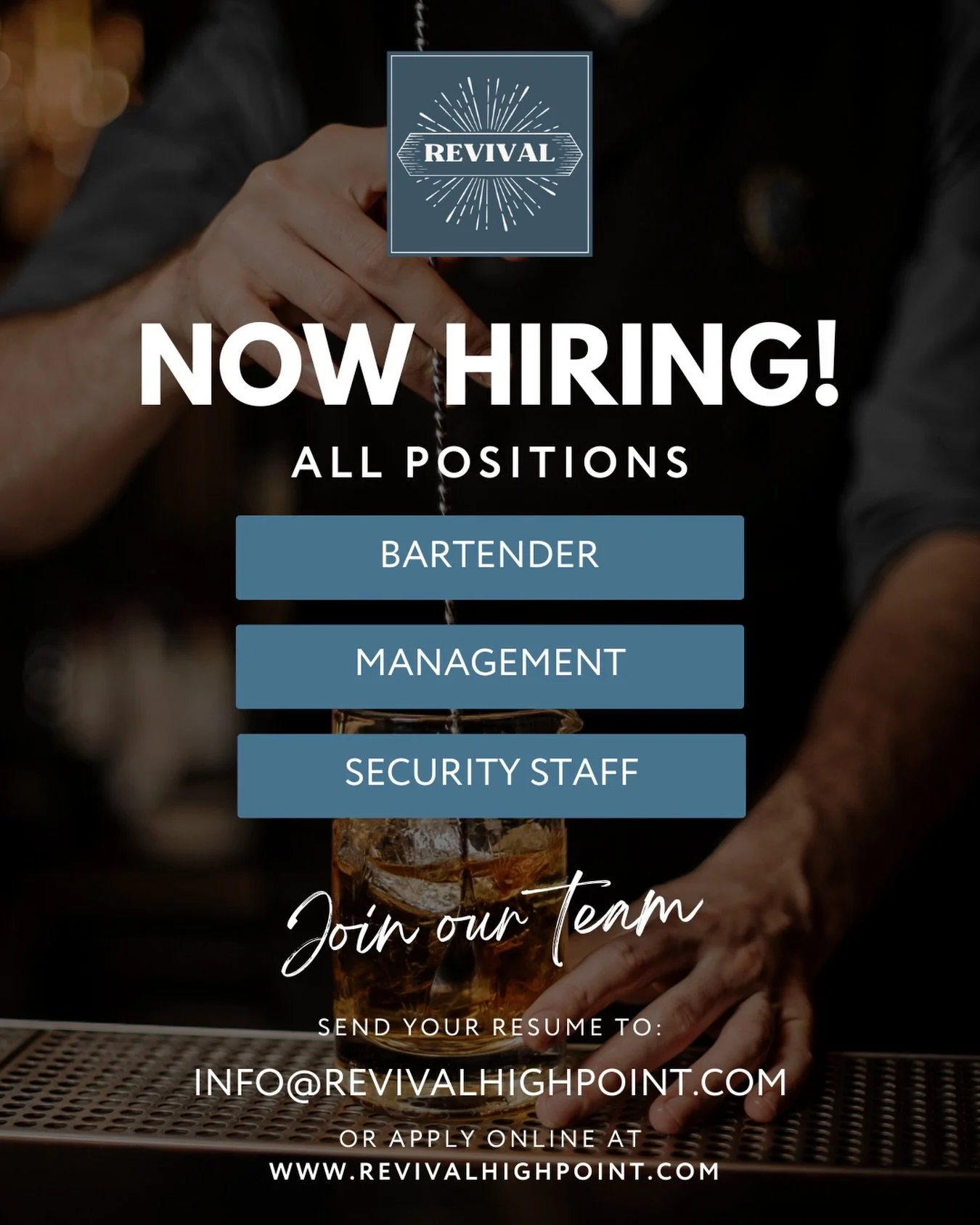 High Point, your new favorite cocktail bar is almost here&hellip; and we&rsquo;re building the dream team. NOW HIRING for Revival. 📣 If you love hospitality as much as you love a perfect pour &mdash; we want to meet you! 🍸

APPLY TODAY! ✨
Apply onl