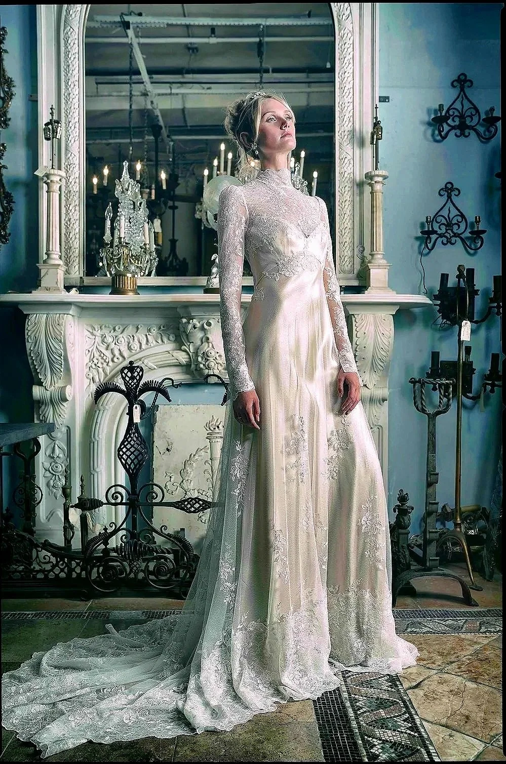 Editorial bridal makeup by Elisa Flowers featuring romantic lace wedding styling in a Victorian-inspired setting