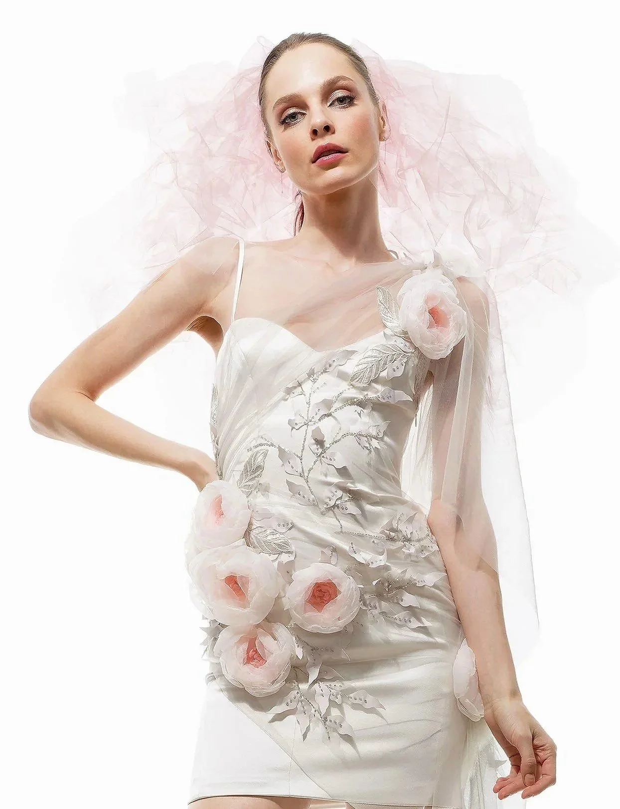 Editorial bridal makeup by Elisa Flowers featuring soft, luminous skin in a lace wedding gown setting