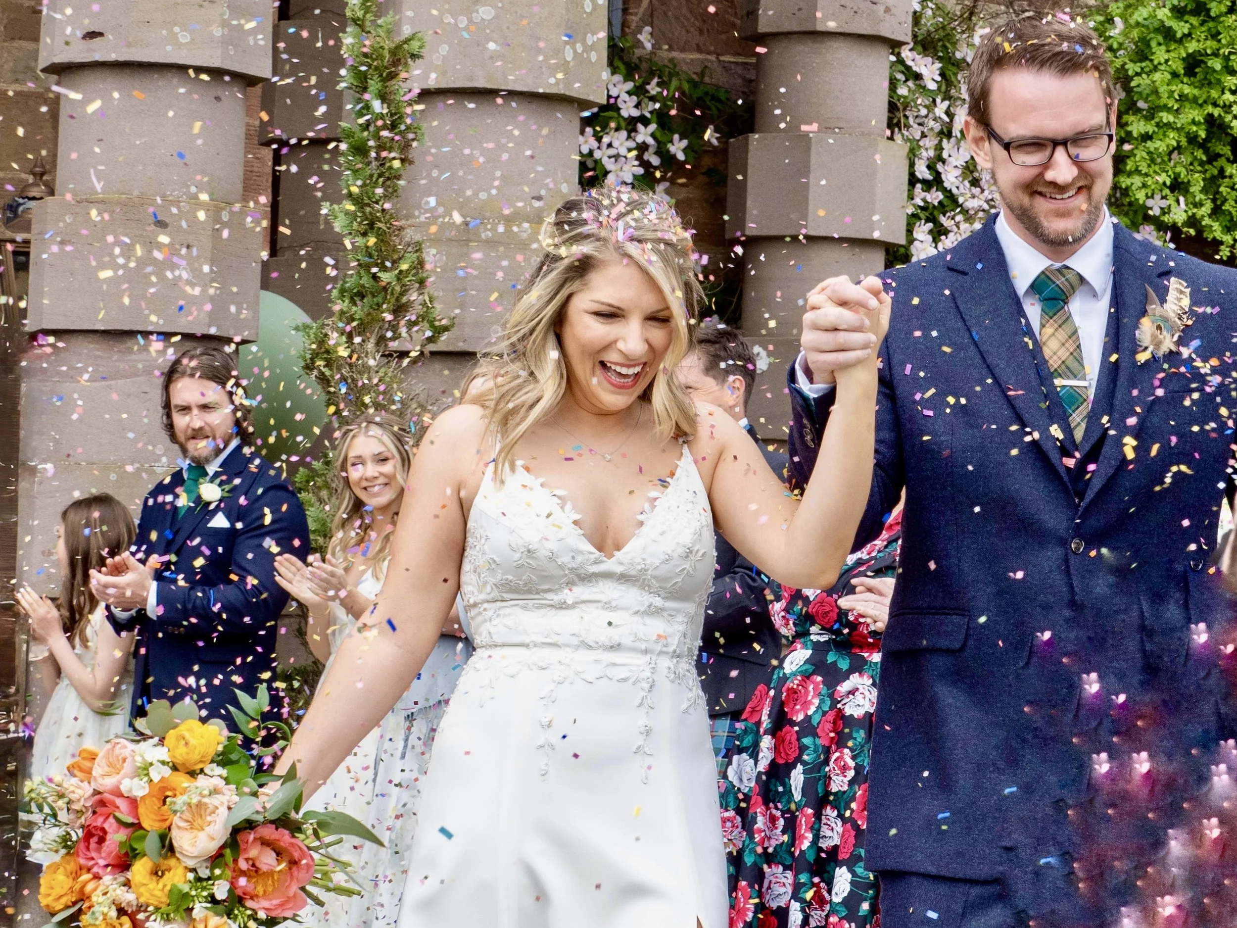 Bride at garden wedding ceremony with fresh, luminous bridal makeup by Elisa Flowers and modern soft glam beauty look