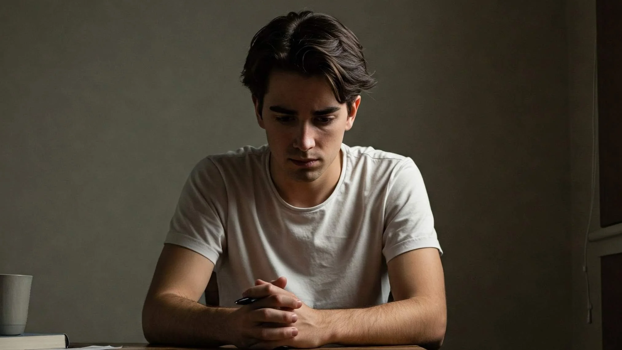 A young man with dark hair looking down in a pensive or sad mood, seated at a table with a black pen in his hands, in an indoor setting with a plain wall background.