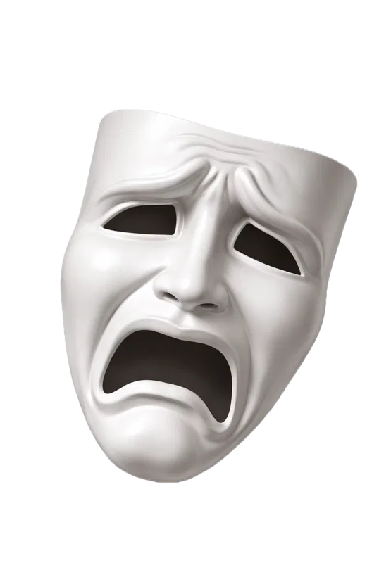 A white theatrical tragedy mask with an expression of distress or anguish.