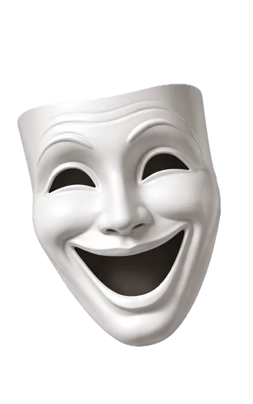 White theatrical comedy mask with a wide, smiling expression.