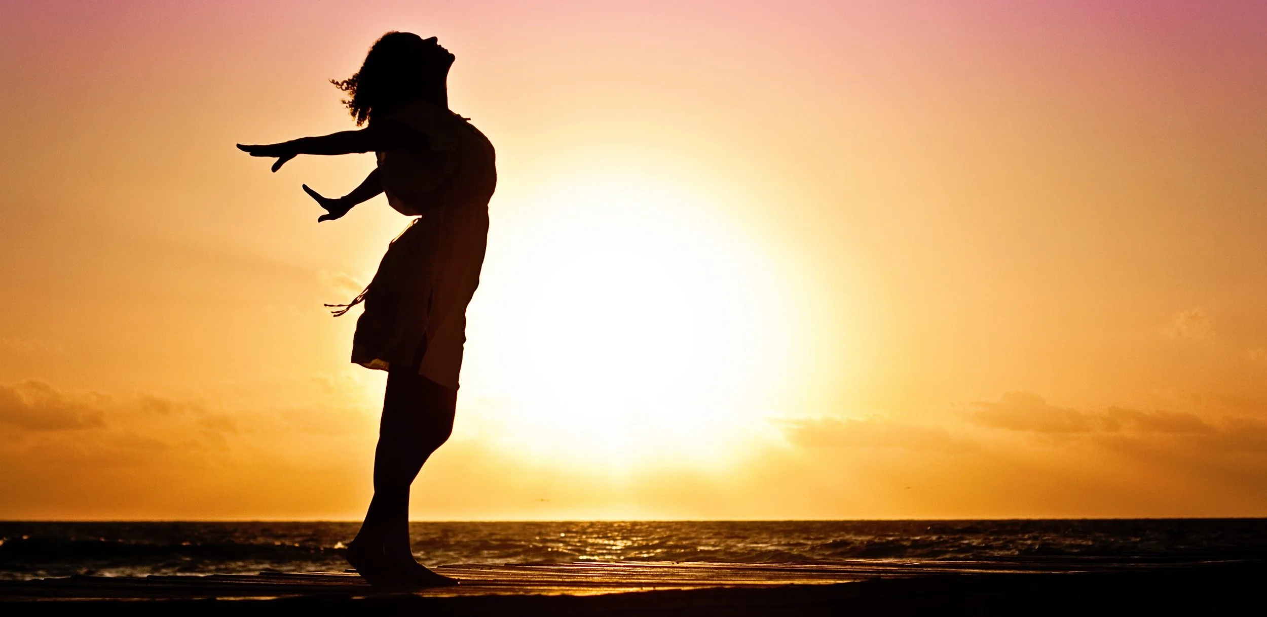 A silhouette of a person with dreadlocks enjoying the sunset on the beach, arms outstretched.