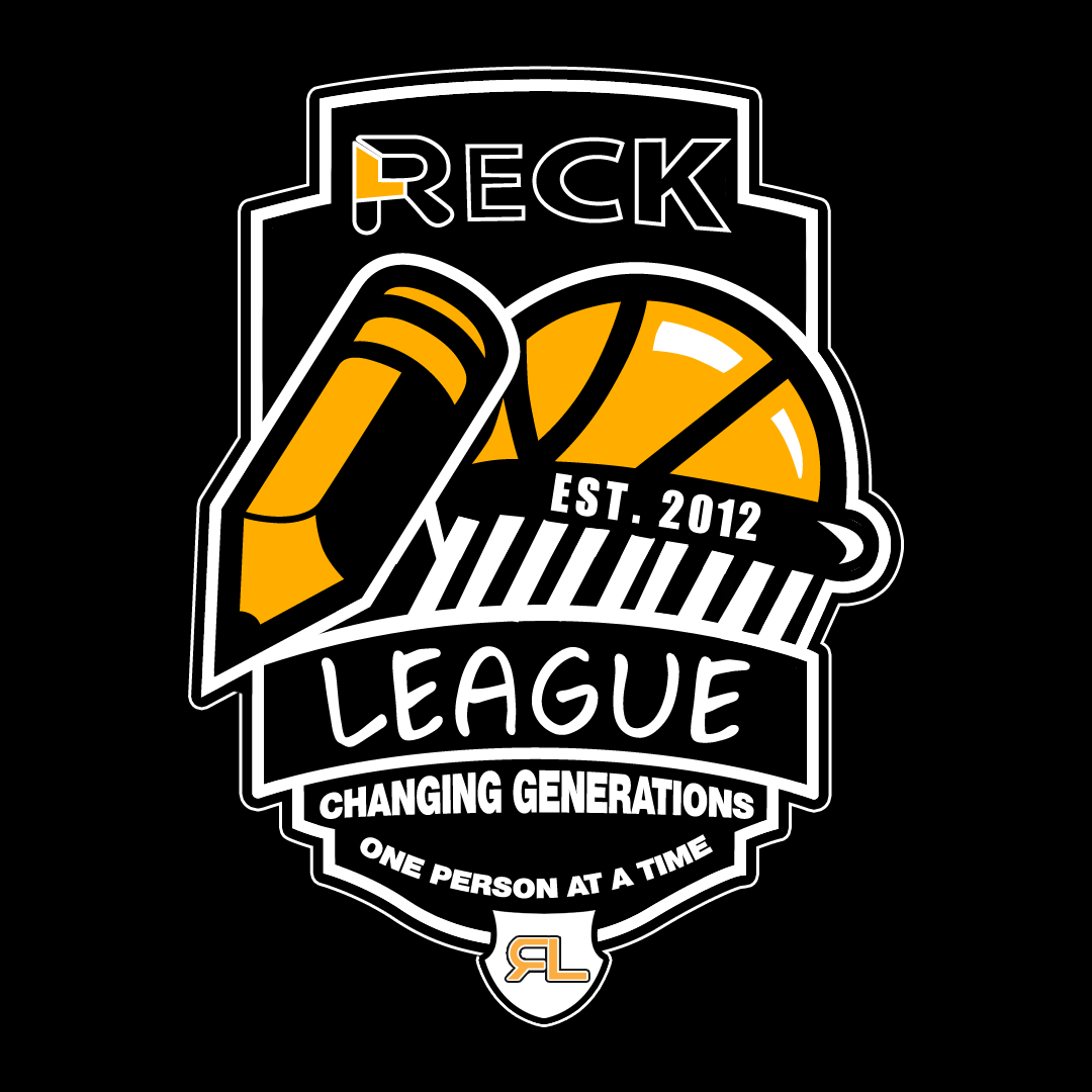 Logo for a league called 'Reck League' established in 2012, featuring a beer can, a basketball, and a hockey puck, with slogans 'Changing Generations' and 'One Person at a Time', on a black background.