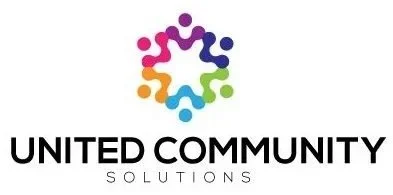 A colorful circle made of interconnected figures above the text 'United Community Solutions' in black, with 'Solutions' in smaller font.