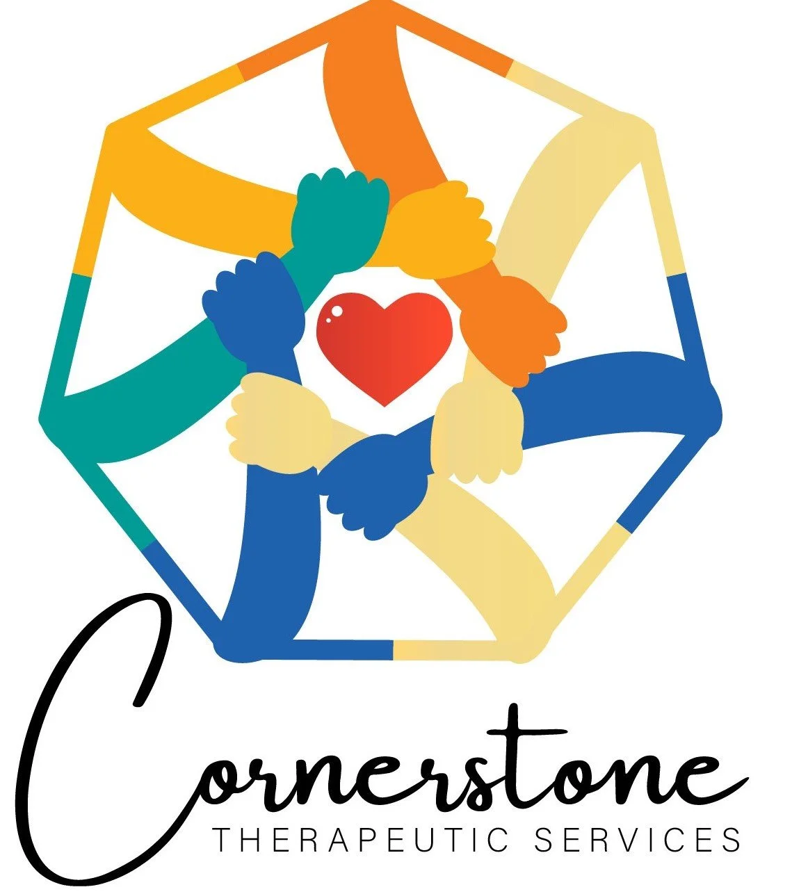 A logo for Cornerstone Therapeutic Services featuring six colorful hands forming a circle around a red heart, with the company name written below.