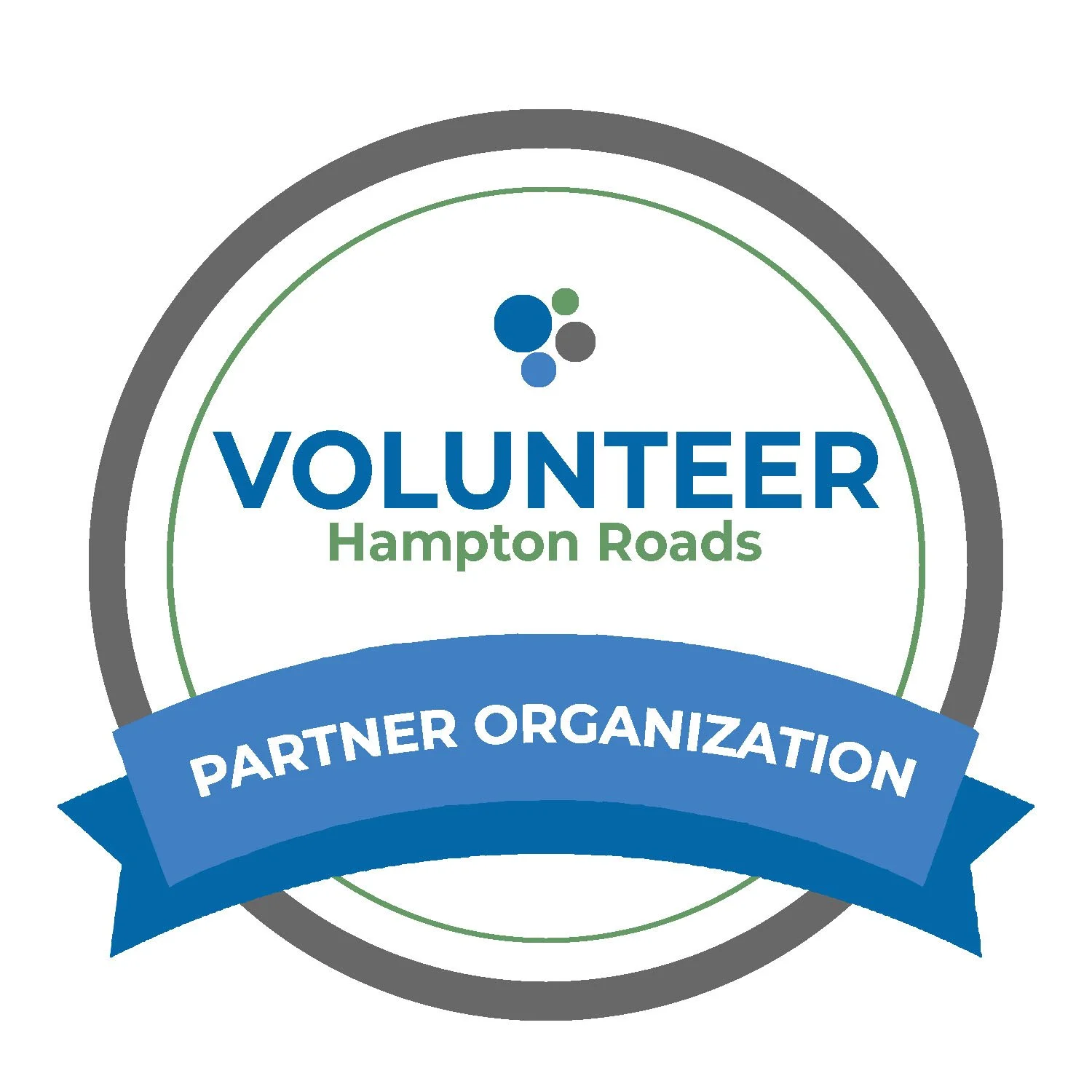 Logo of Volunteer Hampton Roads, featuring a circular design with a gray outer ring, a green inner ring, the text 'Volunteer Hampton Roads' in blue and green, and a blue ribbon banner with the words 'Partner Organization' at the bottom.