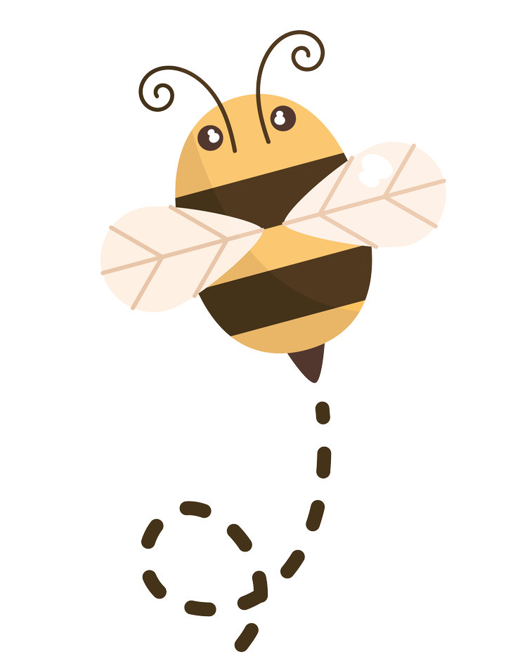 A cute, cartoon bee with a yellow and black striped body, smiling face, large eyes, and transparent wings, flying against a black background.