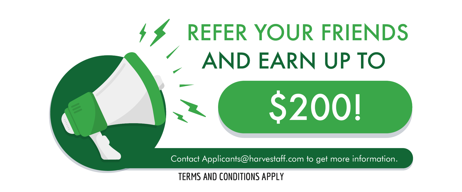 Green and white megaphone illustration with text offering up to $200 for referring friends, with contact email and terms