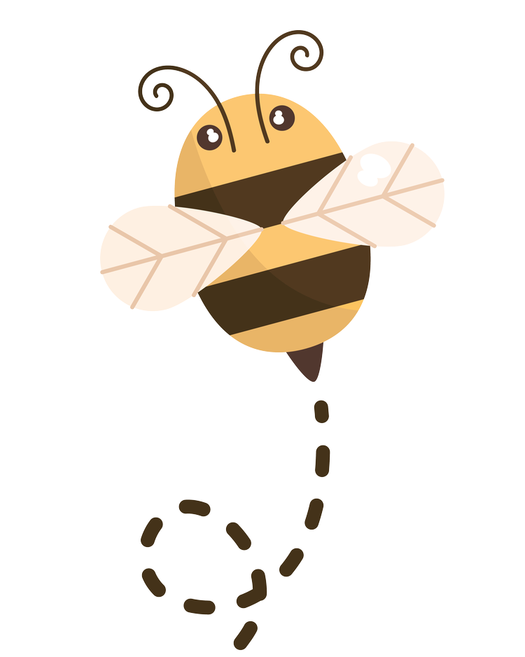 Cute cartoon bee with big eyes and a smiling face, flying with its wings spread out.