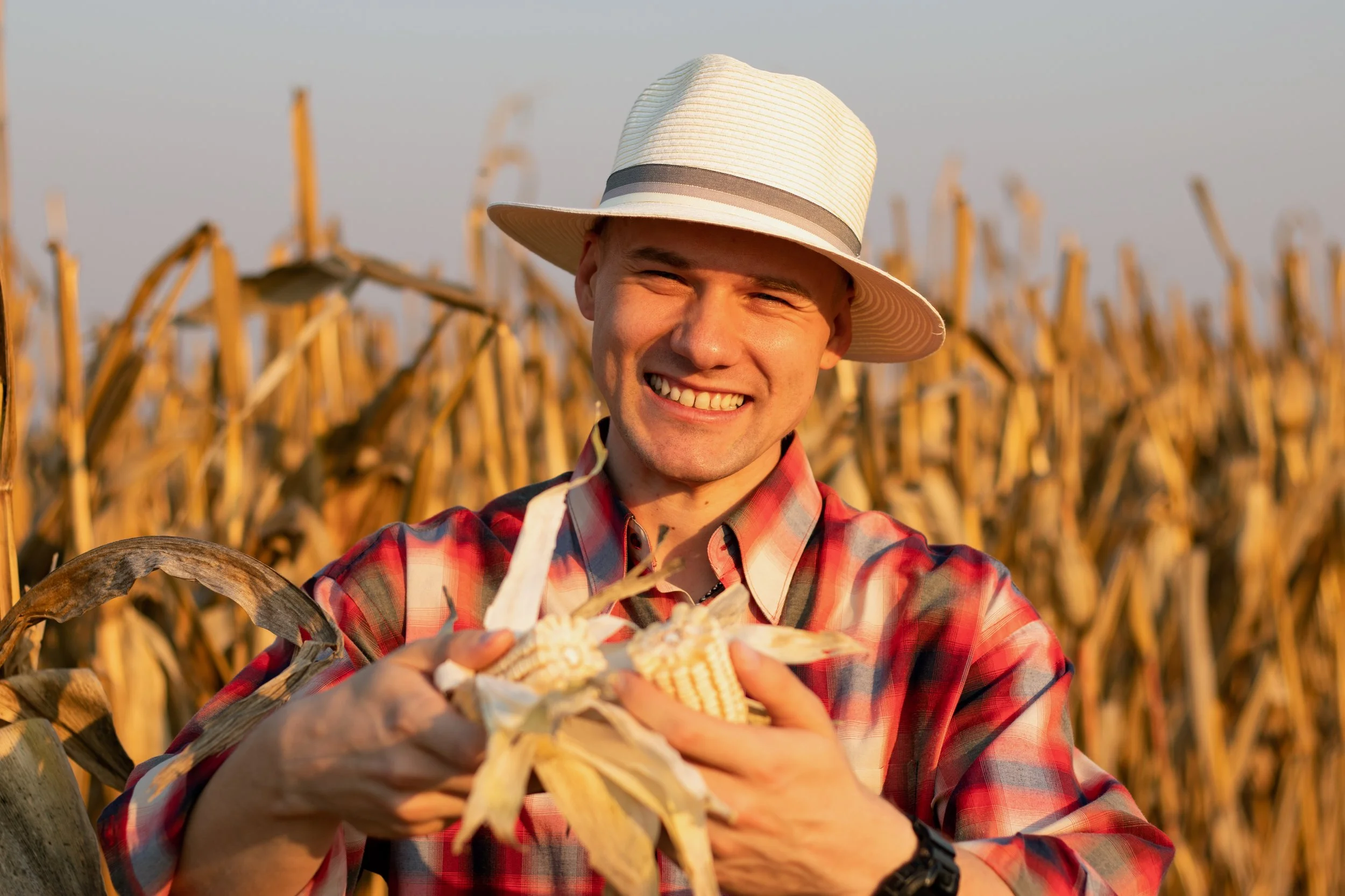 A smiling man wearing a white straw hat and a red plaid shirt holds corn in a field of dried corn stalks.