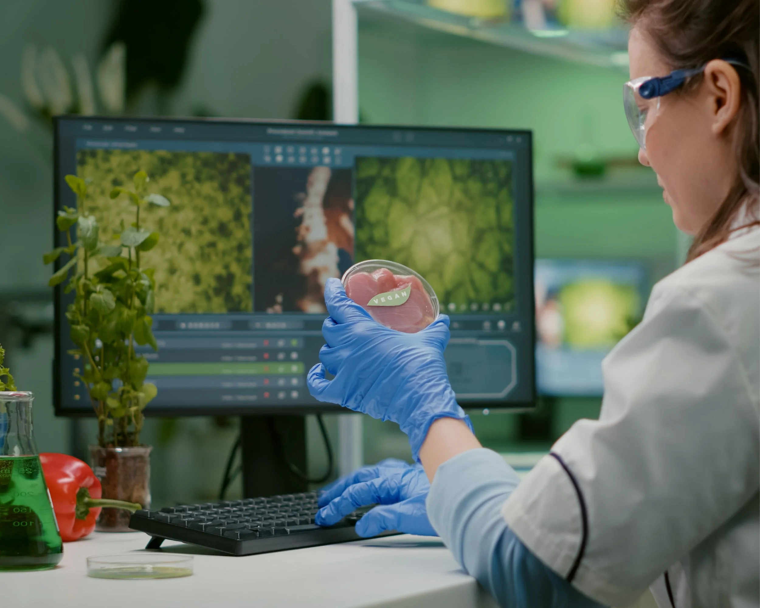 A scientist in a lab holding a petri dish labeled "Vegan" while working at a computer with images of plants on the screen, surrounded by lab equipment and plants.