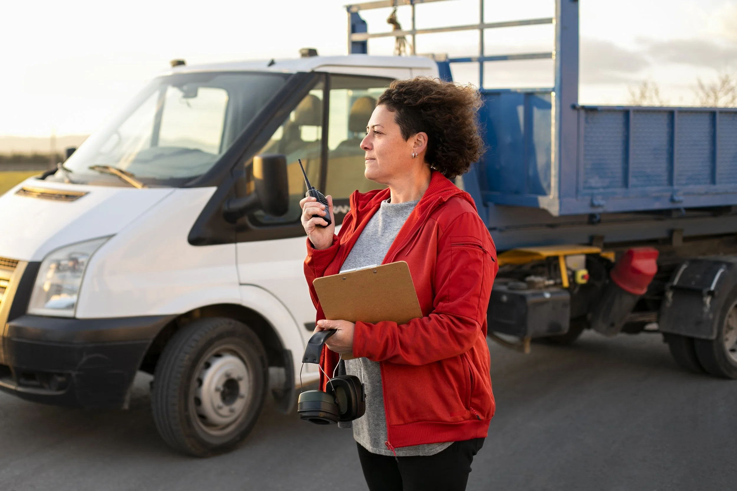 A woman holding a clipboard and walkie-talkie stands in front of a white utility truck with a large blue cargo bed. She wears a gray shirt and red jacket, with headphones hanging from her neck, and appears to be communicating via the walkie-talkie.