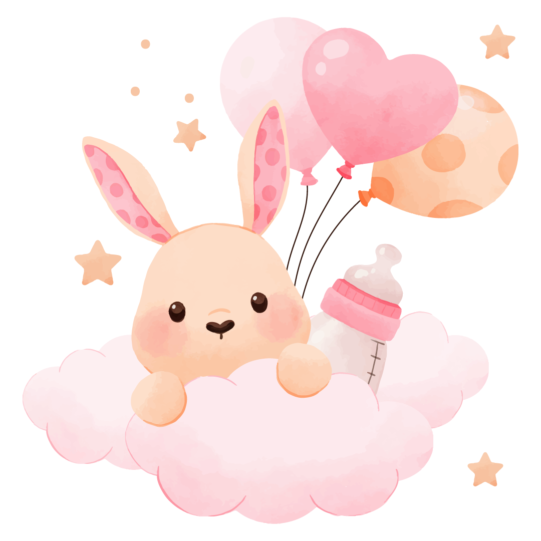 Cute cartoon bunny with pink ears sitting on a cloud surrounded by baby bottles, diapers, and a pink balloon, in pastel colors.