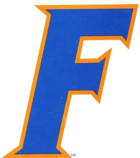 Large blue letter 'F' outlined with orange.