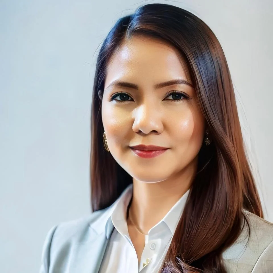 A professional woman with long brown hair, wearing a white blouse and a light-colored blazer, smiling gently at the camera.