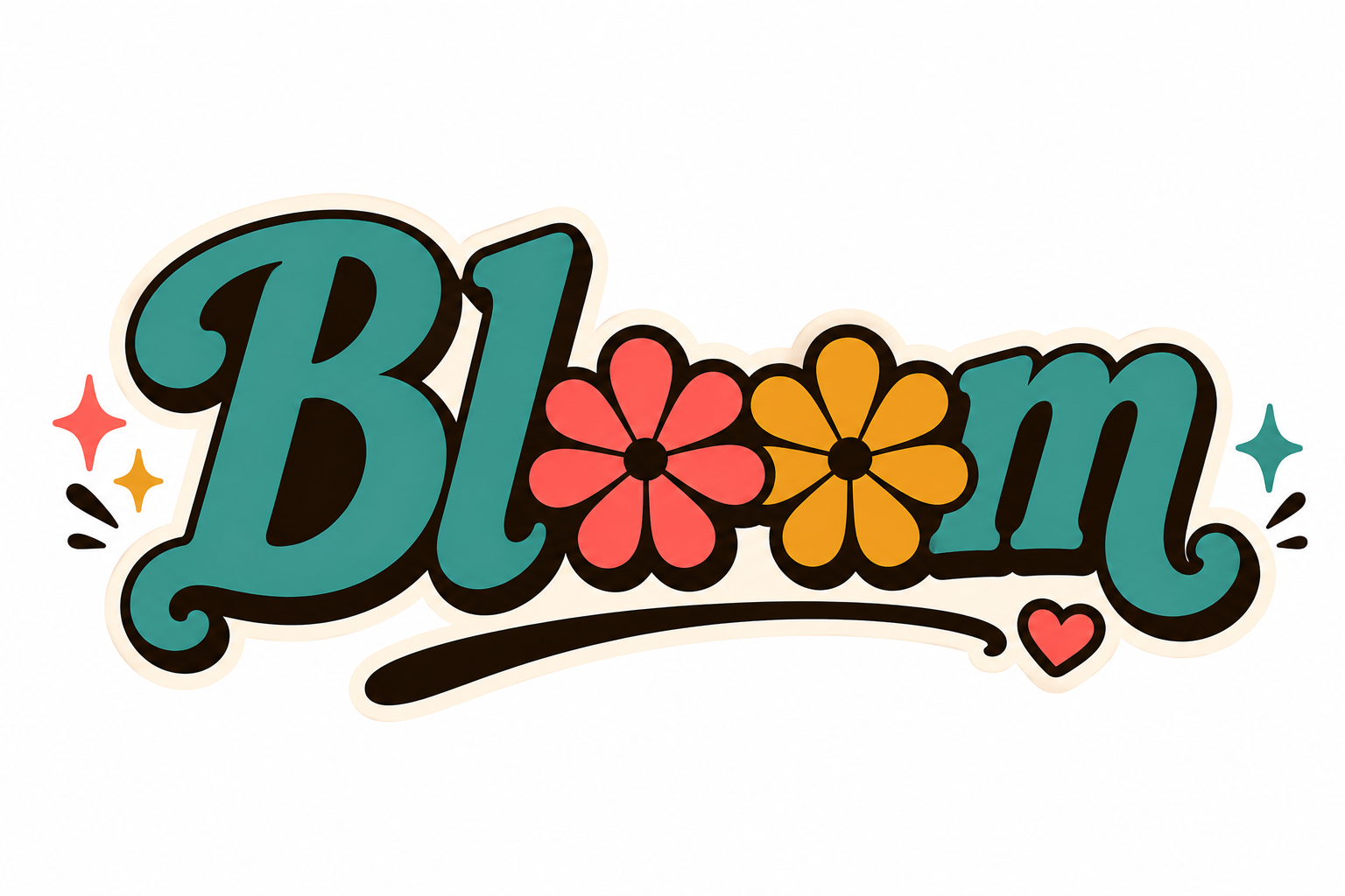 Colorful sticker with the word 'Bloom' in stylized font, decorated with pink and yellow flowers, small hearts, and sparkles.