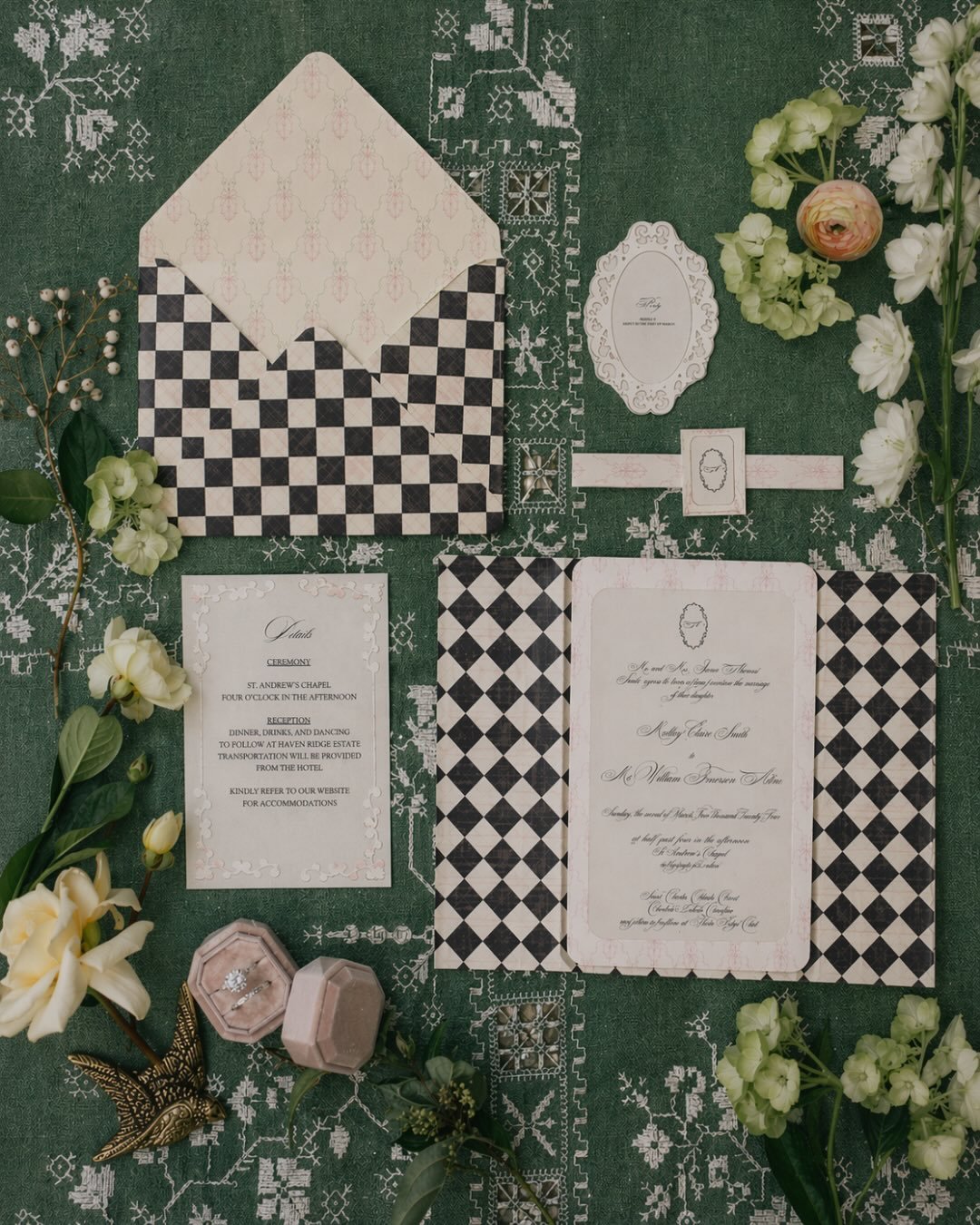A custom wedding invitation suite with a little drama, a little romance, and a whole lot of personality.

This bespoke stationery collection was designed with layered patterns, black-and-white check details, soft pink accents, a custom envelope liner